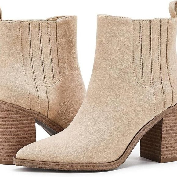 Womens Pointed Toe Ankle Booties Chunky Stacked Block Mid Heel Western New - Picture 5 of 8